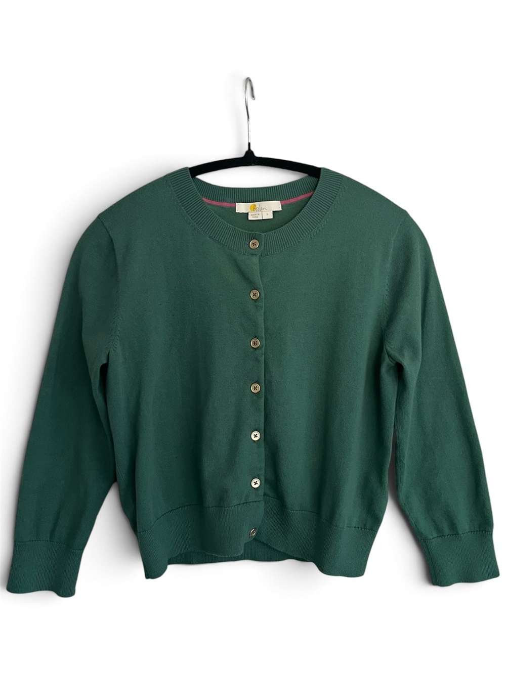 Boden Green Solid Knit Brass Gold Button Front Crew Neck Cardigan Sweater Womens
